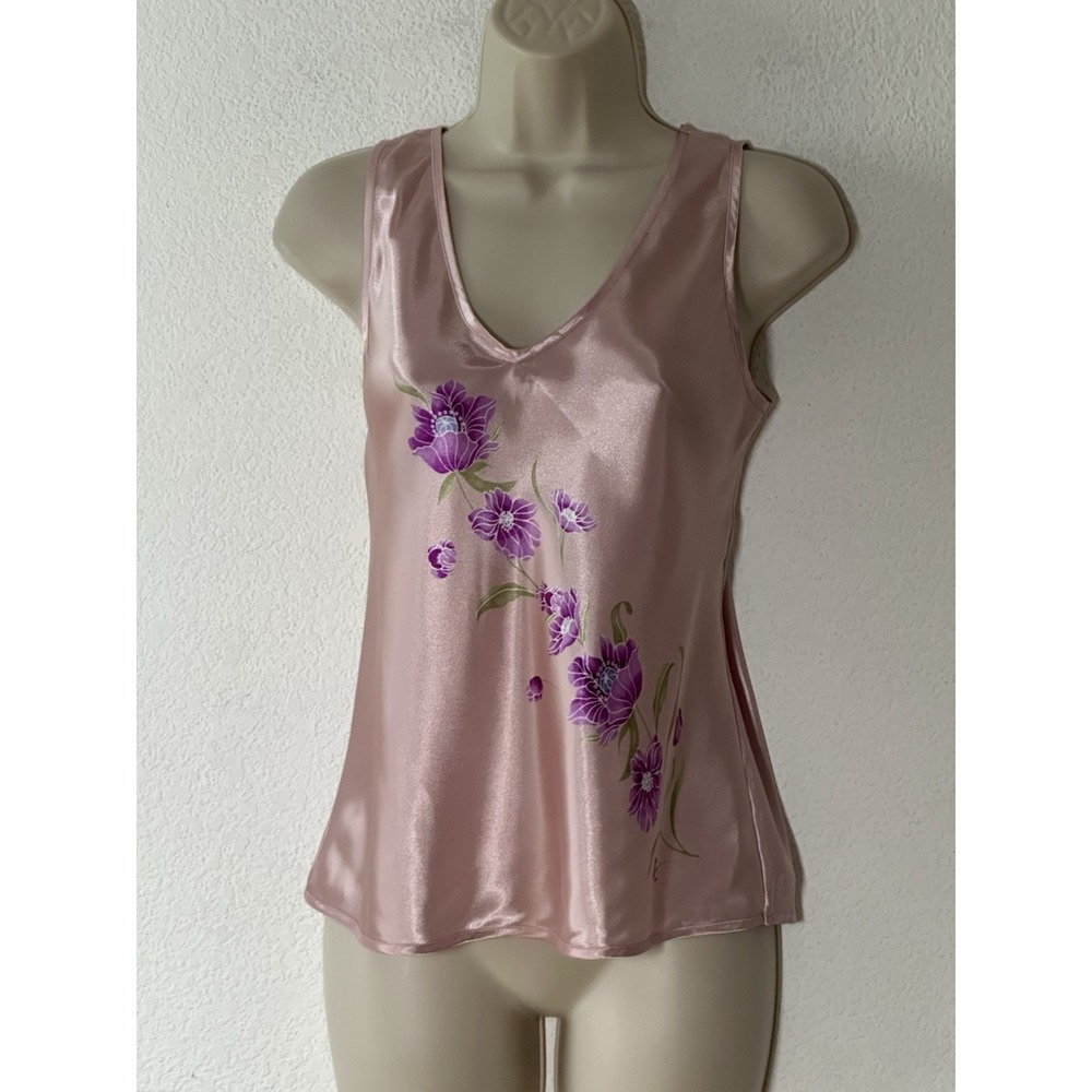 Vintage 90s Y2K Pink Floral Shiny Satin Tank Size S Dainty Coquette Fairycore - Picture 1 of 7